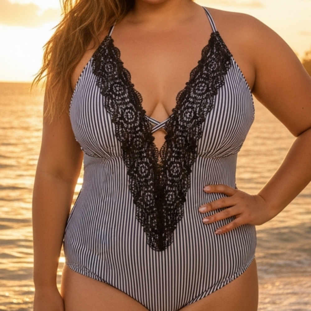 [[Cupshe]] Black and White Striped Lace One Piece